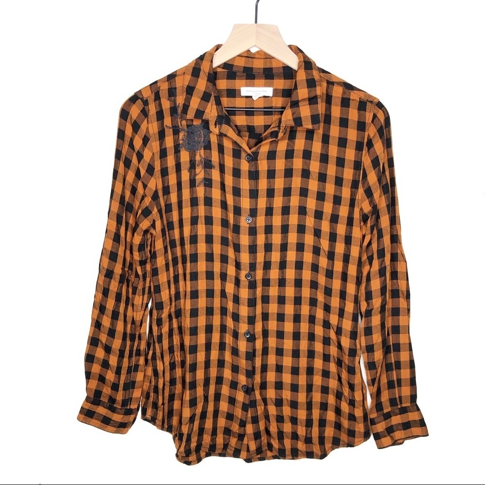 Buffalo Plaid Button Down Shirt Orange Black Fall Halloween Small